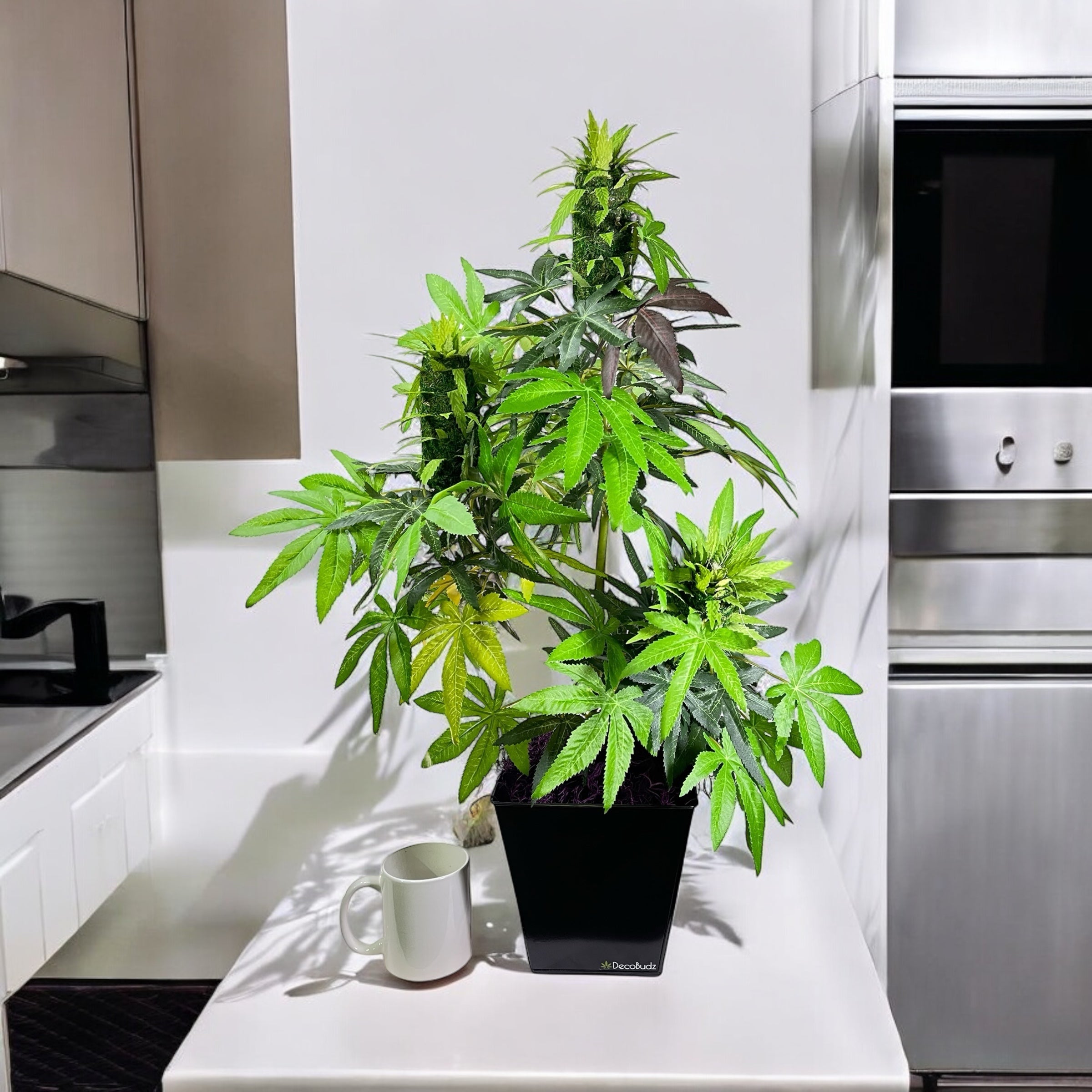Ultra-realistic faux cannabis plant sitting on a countertop, adding a bold 420 aesthetic to the space.